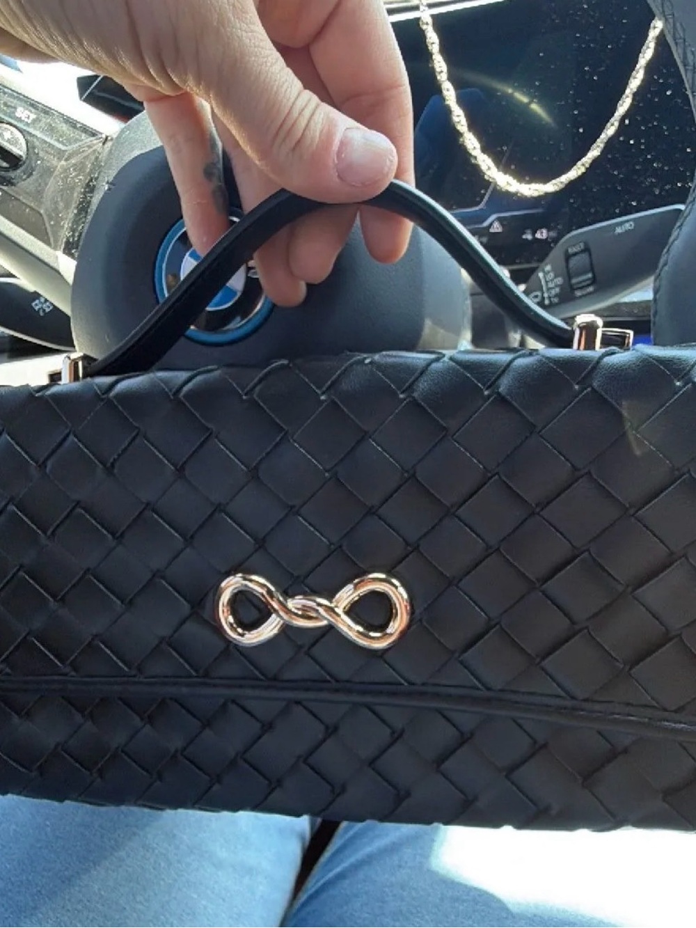Black Woven Top-Handle Women's Bag with Gold Accent